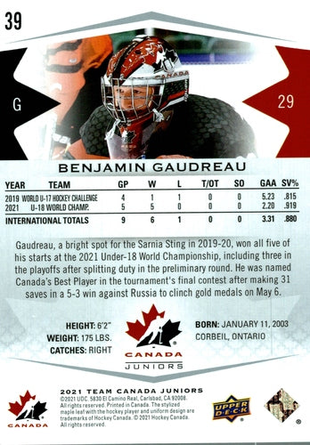 #39 Benjamin Gaudreau - Canada - 2021-22 Upper Deck Team Canada Juniors Hockey