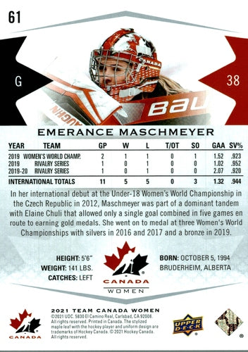 #61 Emerance Maschmeyer - Canada - 2021-22 Upper Deck Team Canada Juniors Hockey