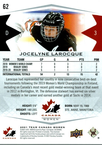 #62 Jocelyne Larocque - Canada - 2021-22 Upper Deck Team Canada Juniors Hockey