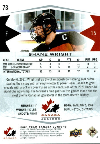 #73 Shane Wright - Canada - 2021-22 Upper Deck Team Canada Juniors Hockey