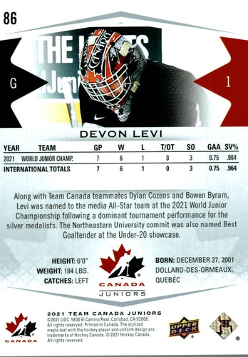 #86 Devon Levi - Canada - 2021-22 Upper Deck Team Canada Juniors Hockey