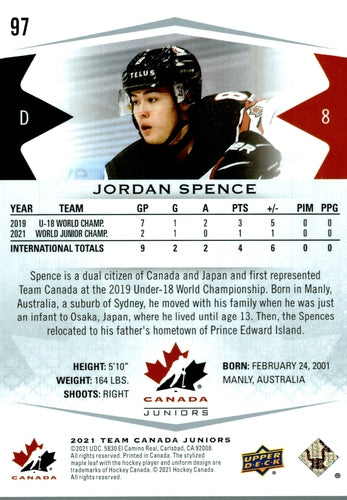 #97 Jordan Spence - Canada - 2021-22 Upper Deck Team Canada Juniors Hockey