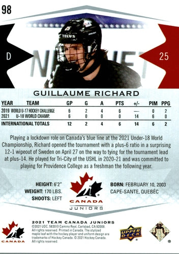 #98 Guillaume Richard - Canada - 2021-22 Upper Deck Team Canada Juniors Hockey