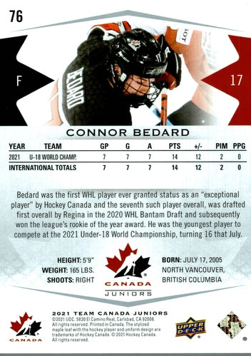 #76 Connor Bedard - Canada - 2021-22 Upper Deck Team Canada Juniors Hockey