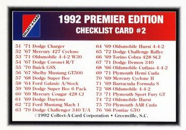 #100 Checklist Card #2 CL - 1992 Collect-A-Card Muscle Cars