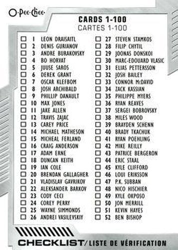 #100 Checklist: 1-100 - 2020-21 O-Pee-Chee Hockey