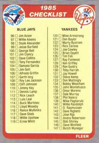 #655 Checklist: Blue Jays / Yankees / Red Sox / Orioles - Toronto Blue Jays / New York Yankees / Boston Red Sox / Baltimore Orioles - 1985 Fleer Baseball