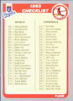 #656 Checklist: Royals / Cardinals / Phillies / Twins - Kansas City Royals / St Louis Cardinals / Philadelphia Phillies / Minnesota Twins - 1985 Fleer Baseball