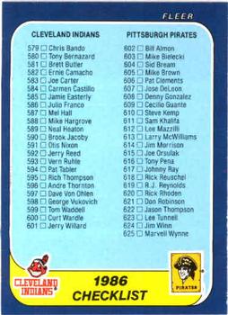 #660 Checklist: Indians / Pirates / Special Cards - Cleveland Indians / Pittsburgh Pirates - 1986 Fleer Baseball