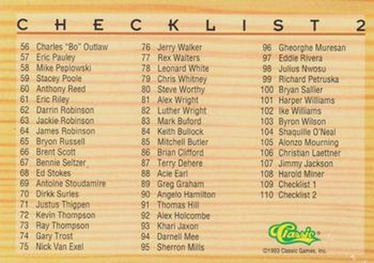 #110 Checklist 2 - 1993 Classic Draft Picks Basketball
