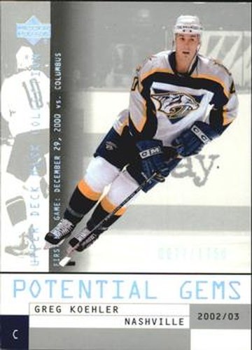 #129 Greg Koehler - Nashville Predators - 2002-03 Upper Deck Mask Collection Hockey