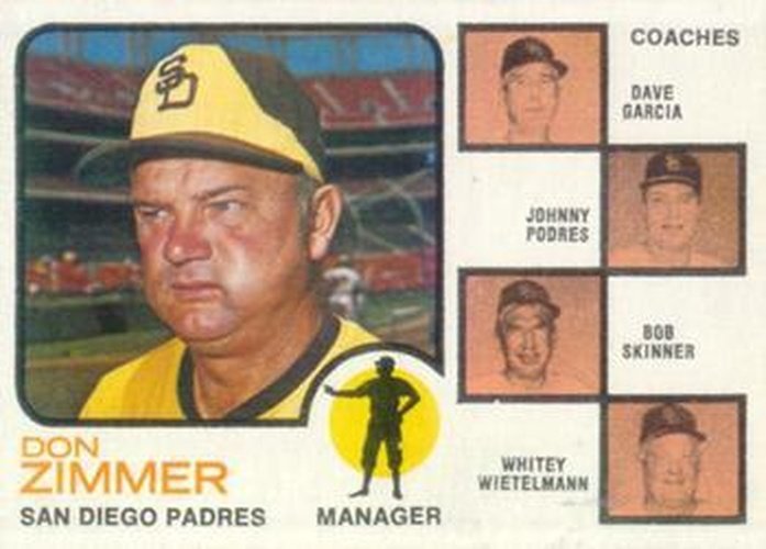 #12a Padres Field Leaders Don Zimmer / Dave Garcia / Johnny Podres / Bob Skinner / Whitey Wietelmann - San Diego Padres - 1973 Topps Baseball