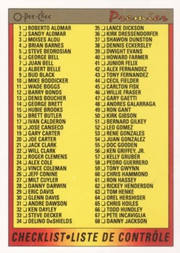 #132 Checklist - 1991 O-Pee-Chee Premier Baseball