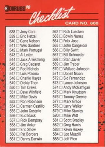 #600 Checklist 538-639 - 1990 Donruss Baseball