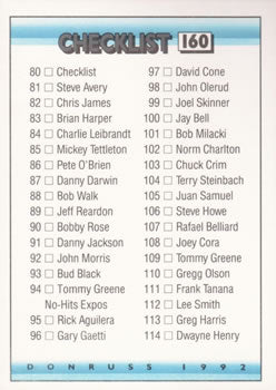#160 Checklist 80-157 - 1992 Donruss Baseball