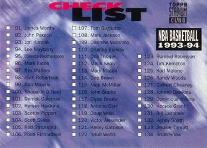 #180 Checklist: 91-180 - 1993-94 Stadium Club Basketball