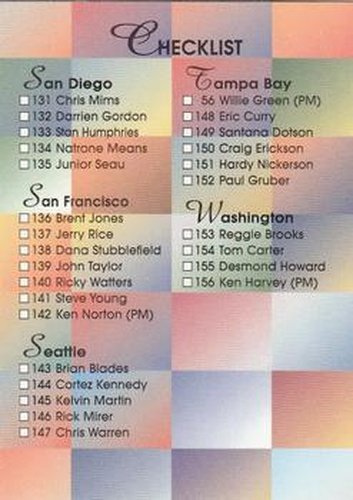 #198 Checklist - San Diego Chargers / San Francisco 49ers / Seattle Seahawks - 1994 SkyBox Premium Football