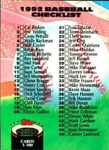 #298 Checklist: 1-100 - 1992 Stadium Club Baseball
