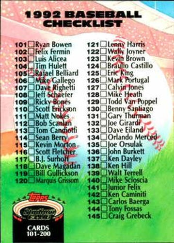#299 Checklist: 101-200 - 1992 Stadium Club Baseball