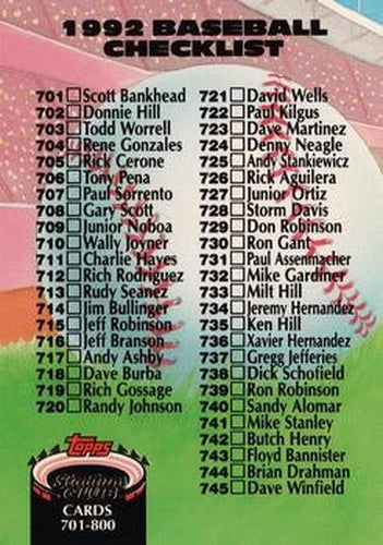 #899 Checklist: 701-800 - 1992 Stadium Club Baseball