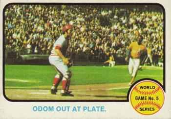#207 World Series Game No. 5 - Odom Out at Plate - Cincinnati Reds / Oakland Athletics - 1973 Topps Baseball