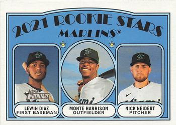 #209 Marlins 2021 Rookie Stars Lewin Diaz / Monte Harrison / Nick Neidert - Miami Marlins - 2021 Topps Heritage Baseball