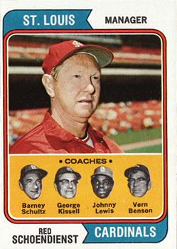 #236 Cardinals Field Leaders Red Schoendienst / Barney Schultz / George Kissell / Johnny Lewis / Vern Benson - St. Louis Cardinals - 1974 Topps Baseball
