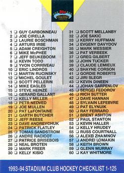 #249 Checklist 1-125 - 1993-94 Stadium Club Hockey