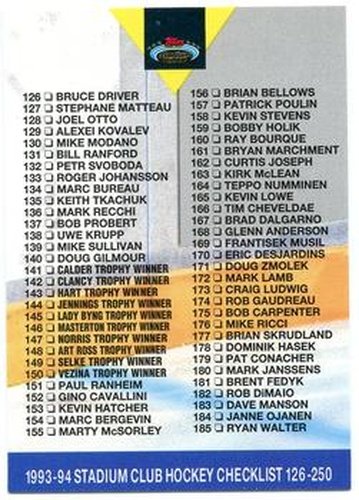 #250 Checklist 126-250 - 1993-94 Stadium Club Hockey