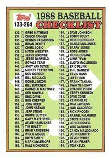 #253 Checklist: 133-264 - - 1988 Topps Baseball