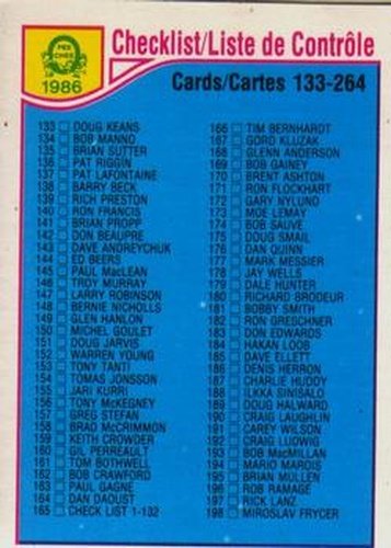 #256 Checklist: 133-264 - 1985-86 O-Pee-Chee Hockey