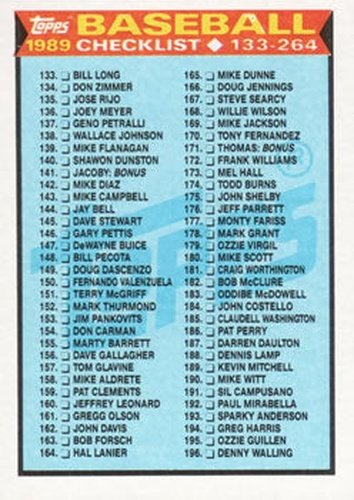 #258 Checklist: 133-264 - 1989 Topps Baseball