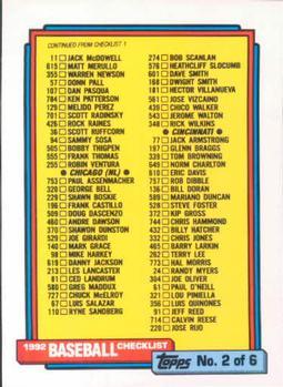 #264 Checklist 2 of 6 - Chicago White Sox / Chicago Cubs / Cincinnati Reds / Cleveland Indians / Detroit Tigers / Houston Astros - 1992 Topps Baseball