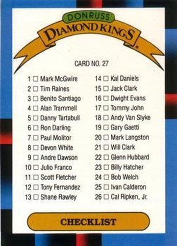 #27 Diamond Kings Checklist - 1988 Leaf Baseball