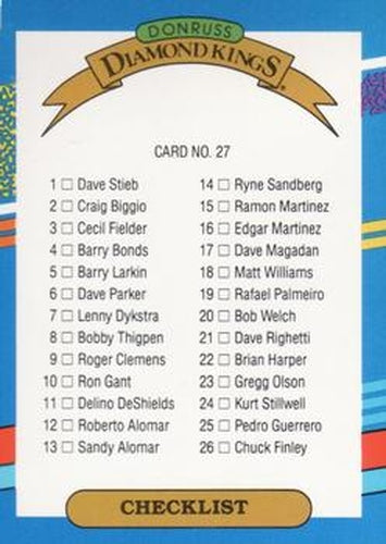 #27 Diamond Kings Checklist 1-27 - 1991 Donruss Baseball