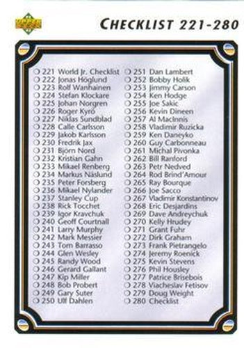 #280 Checklist 221-330 - 1992-93 Upper Deck Hockey