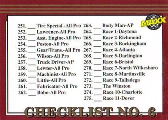 #300 Checklist No. 6 - 1992 Maxx Racing
