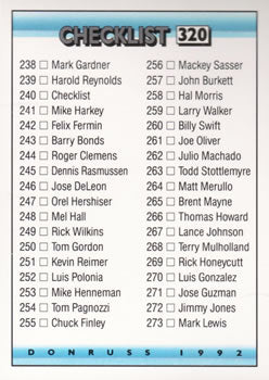 #320 Checklist 238-316 - 1992 Donruss Baseball