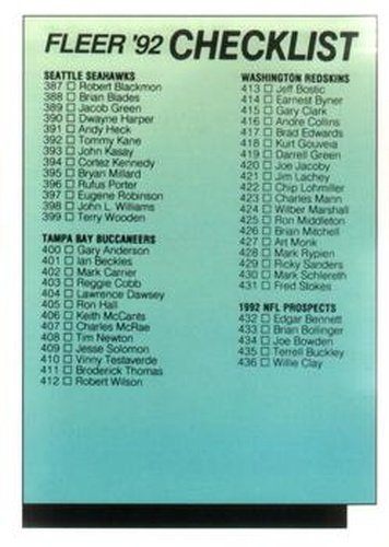 #480 Checklist: 387-480 - Seattle Seahawks / Tampa Bay Buccaneers / Washington Redskins - 1992 Fleer Football