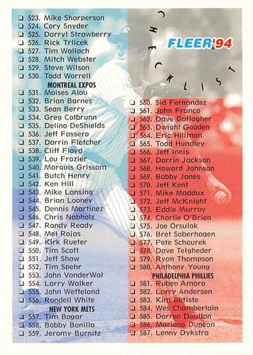 #718 Checklist: 523-652 - Los Angeles Dodgers / Montreal Expos / New York Mets / Philadelphia Phillies / Pittsburgh Pirates / St. Louis Cardinals / San Diego Padres - 1994 Fleer Baseball