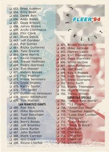 #719 Checklist: 653-720 - San Diego Padres / San Francisco Giants - 1994 Fleer Baseball