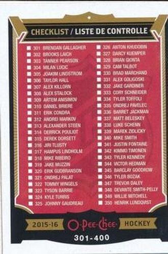 #351 Checklist: 301-400 - 2015-16 O-Pee-Chee Hockey