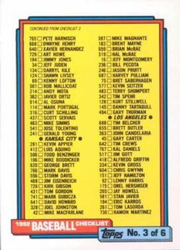#366 Checklist 3 of 6 - Houston Astros / Kansas City Royals / Los Angeles Dodgers / Milwaukee Brewers / Minnesota Twins - 1992 Topps Baseball