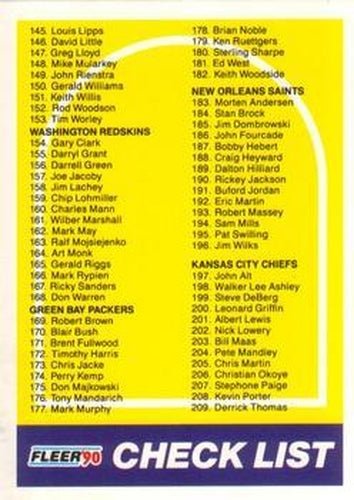 #399 Checklist: 145-274 - Pittsburgh Steelers / Washington - 1990 Fleer Football