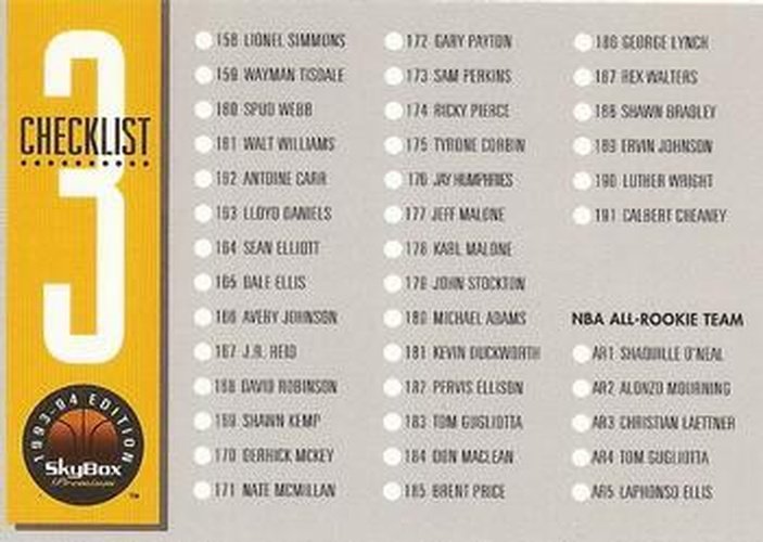 #3 Checklist 3: 158-191 - 1993-94 SkyBox Premium Basketball