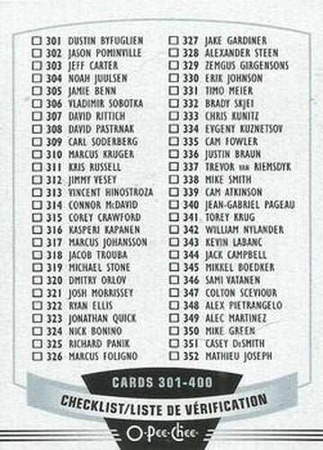 #400 Checklist: 301-400 - - 2019-20 O-Pee-Chee Hockey