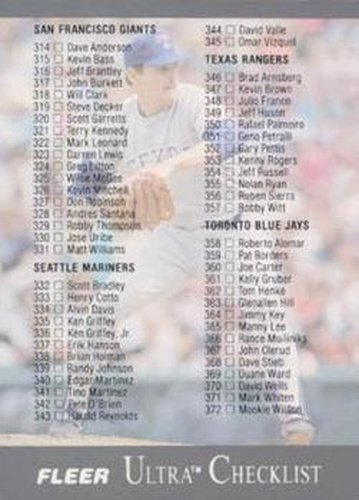 #400 Checklist: 314-400 - San Francisco Giants / Seattle Mariners / Texas Rangers / Toronto Blue Jays - 1991 Ultra Baseball