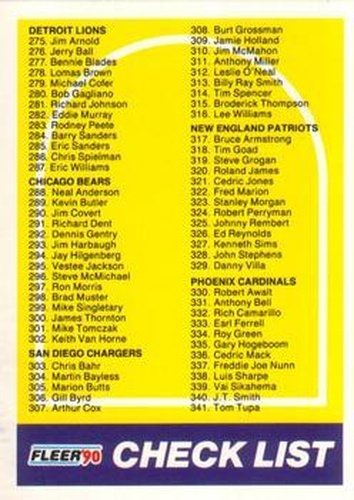 #400 Checklist: 275-400 - Detroit Lions / Chicago Bears - 1990 Fleer Football