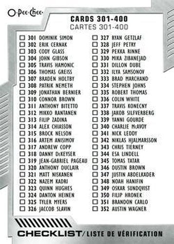 #400 Checklist: 301-400 - 2020-21 O-Pee-Chee Hockey
