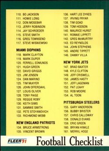 #430 Checklist: 110-217 - Los Angeles Raiders / Miami Dolphins / New England Patriots / New York Jets / Pittsburgh Steelers / San Diego Chargers / Seattle Seahawks / Atlanta Falcons / Chicago Bears - 1991 Fleer Football